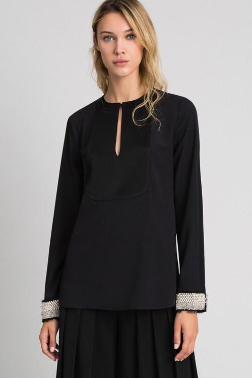 Twinset Woven Blouse with Pearl Cuffs – Black