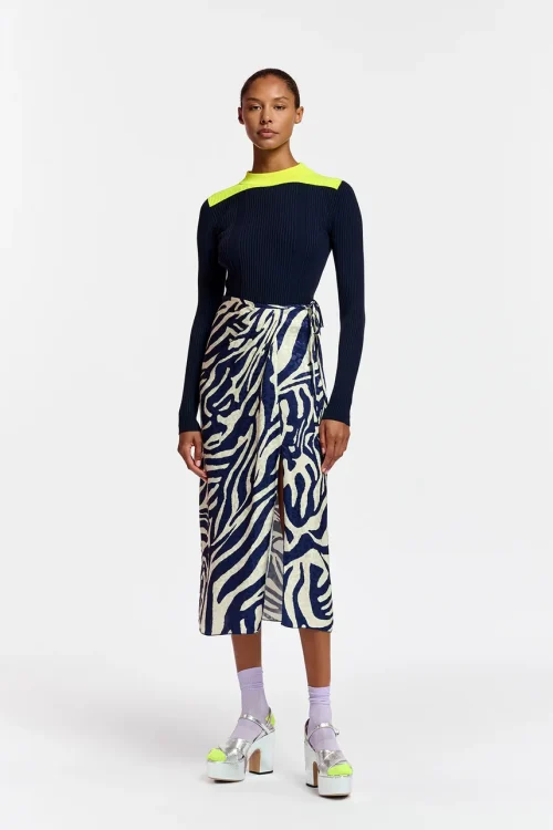 Essentiel Antwerp Flavia Wrap Midi Skirt – Navy Zebra